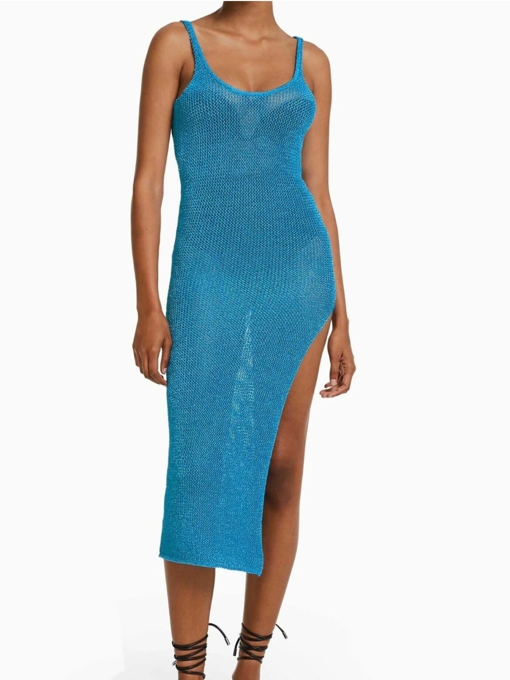 Zara | Bershka Metallic Knit Bright Blue Cover Up Midi Dress with Slit M/L
